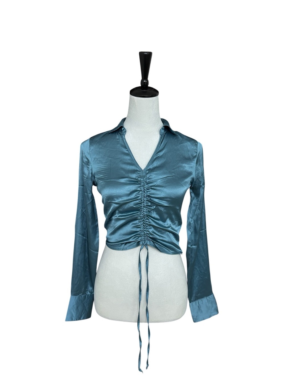Teal Satin Ruched Crop Blouse XS Y2K City Girl Tie Front Top Chic - Picture 2 of 11